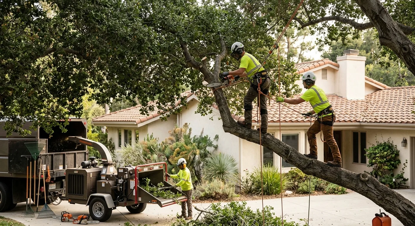Crew thinning a dense tree canopy near a residential roofline