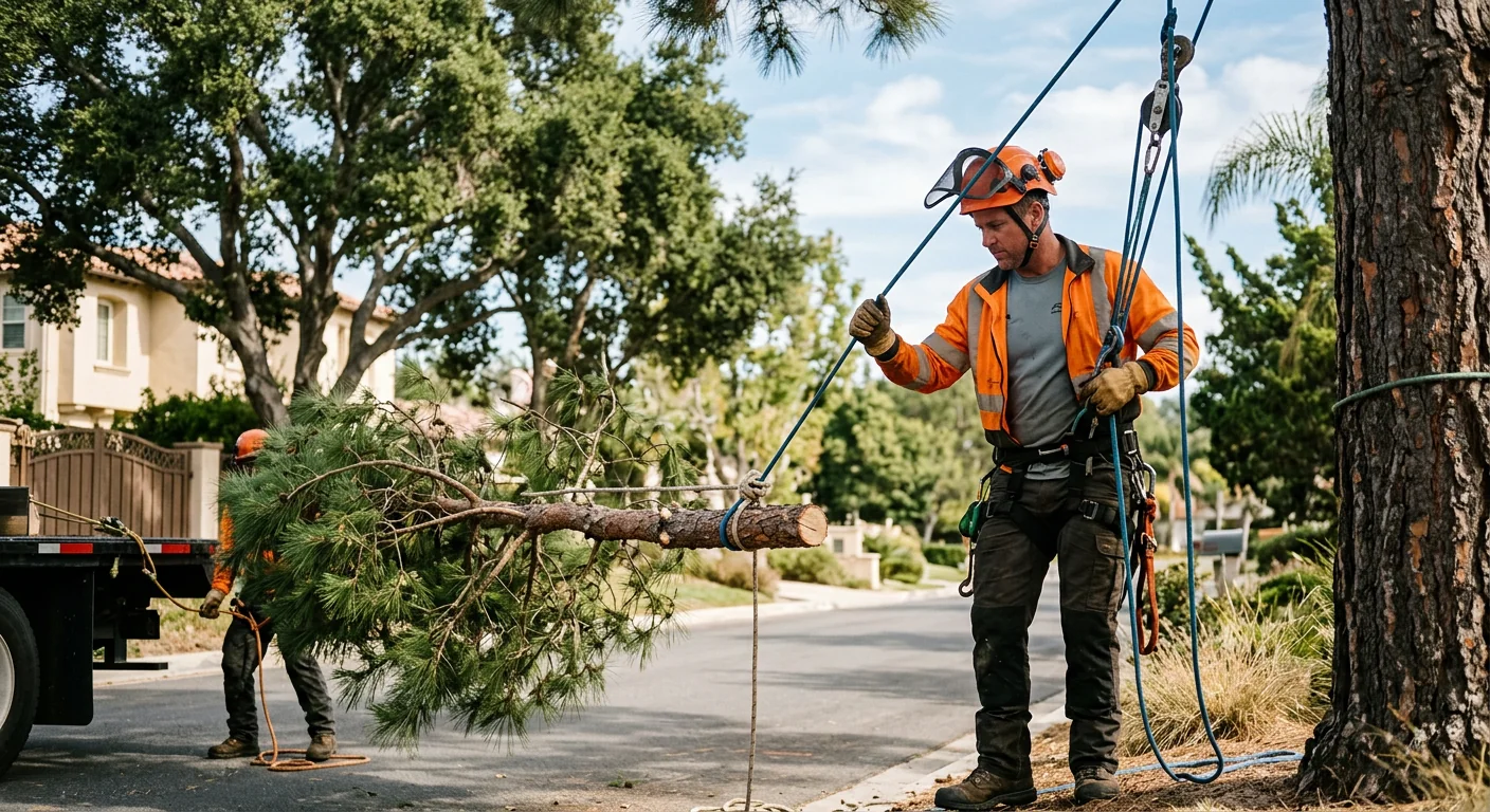 Technician using rigging lines to lower a trimmed limb safely