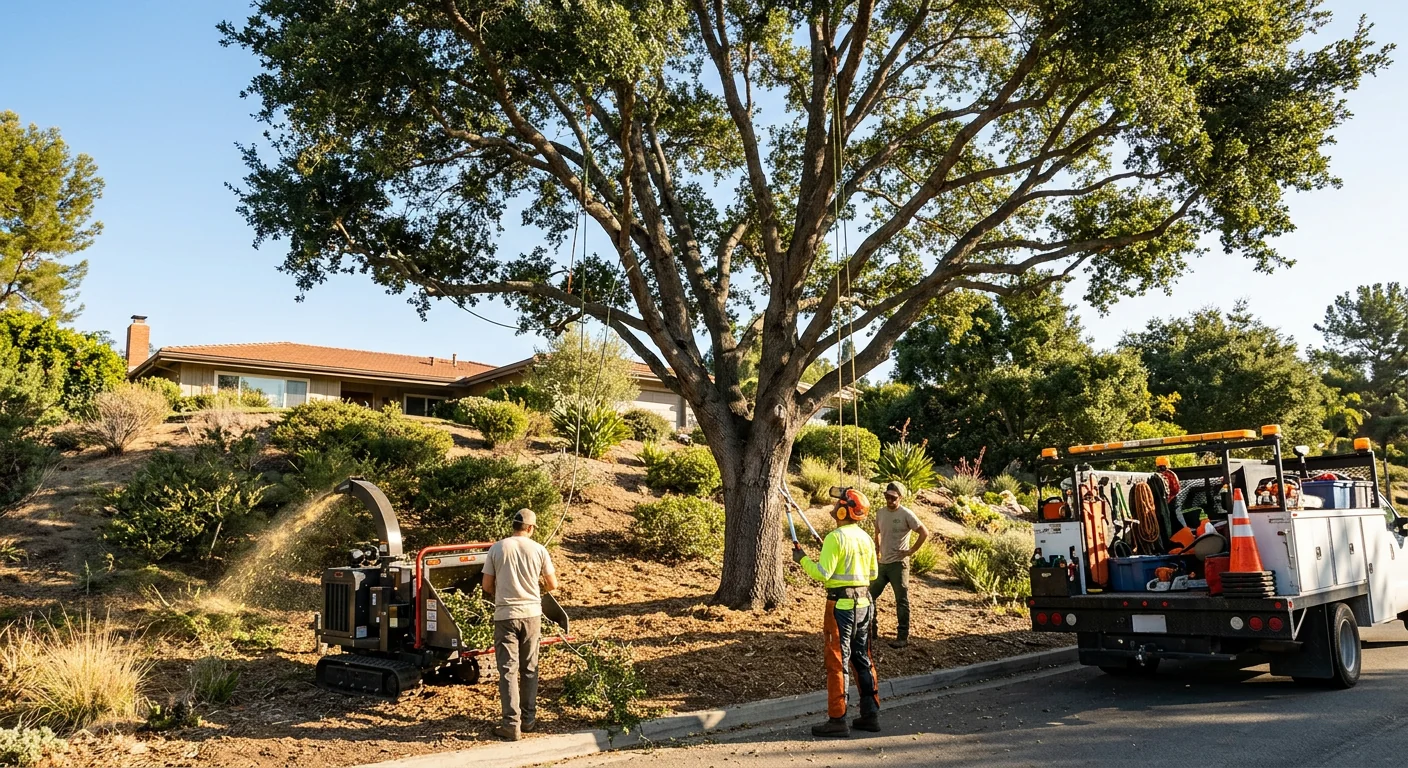 Mature Oak Crown Reduction on a Hillside Lot