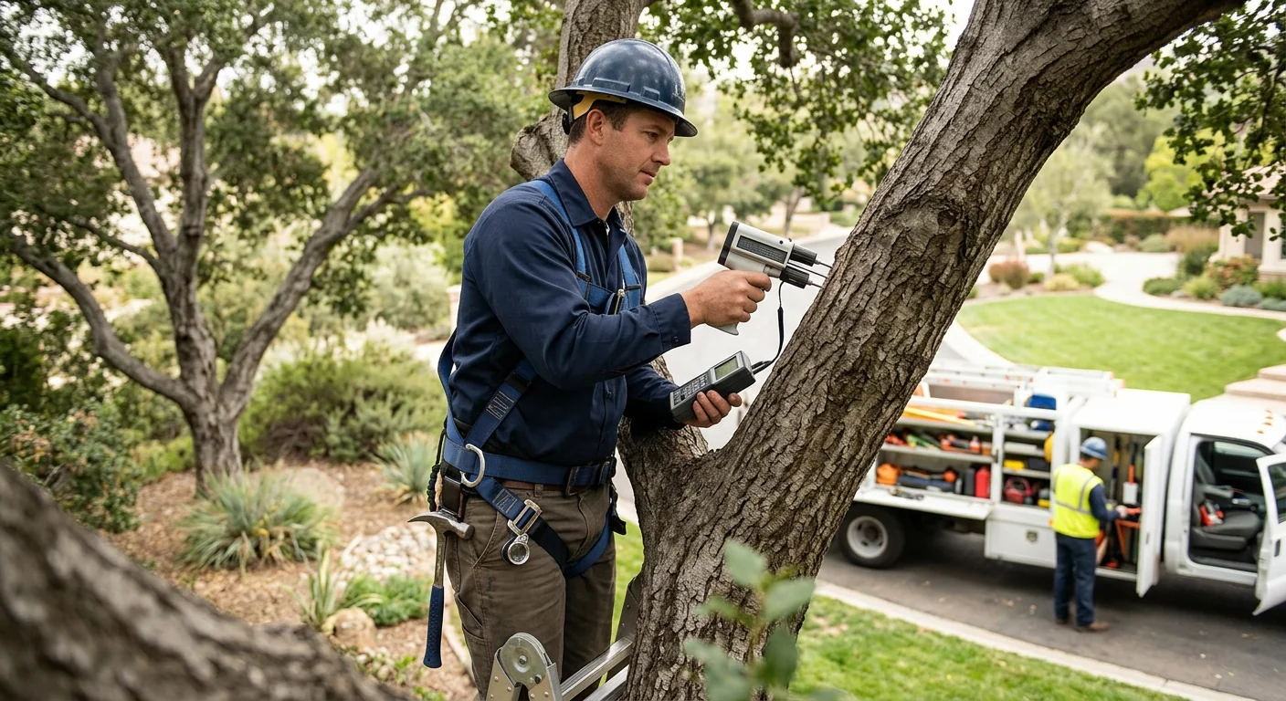 Trained technician performing precision crown thinning on a mature tree in Westlake Village